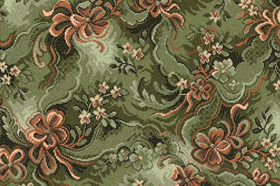 A swatch of Glenavy Green Buttons & Bows from Ulster Carpets