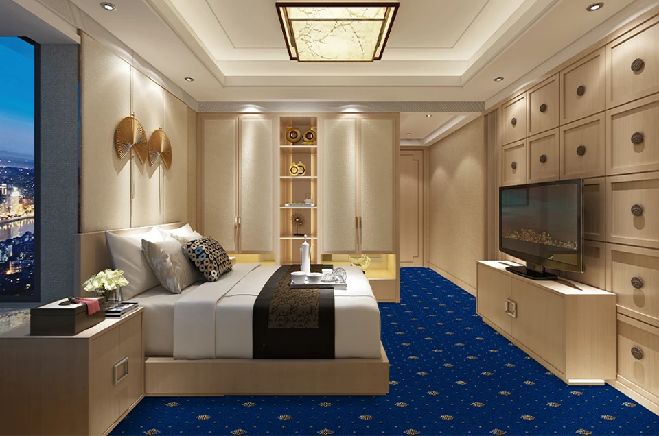An example of Athenia Motif Royal Blue from Ulster Carpets in a modern bedroom setting