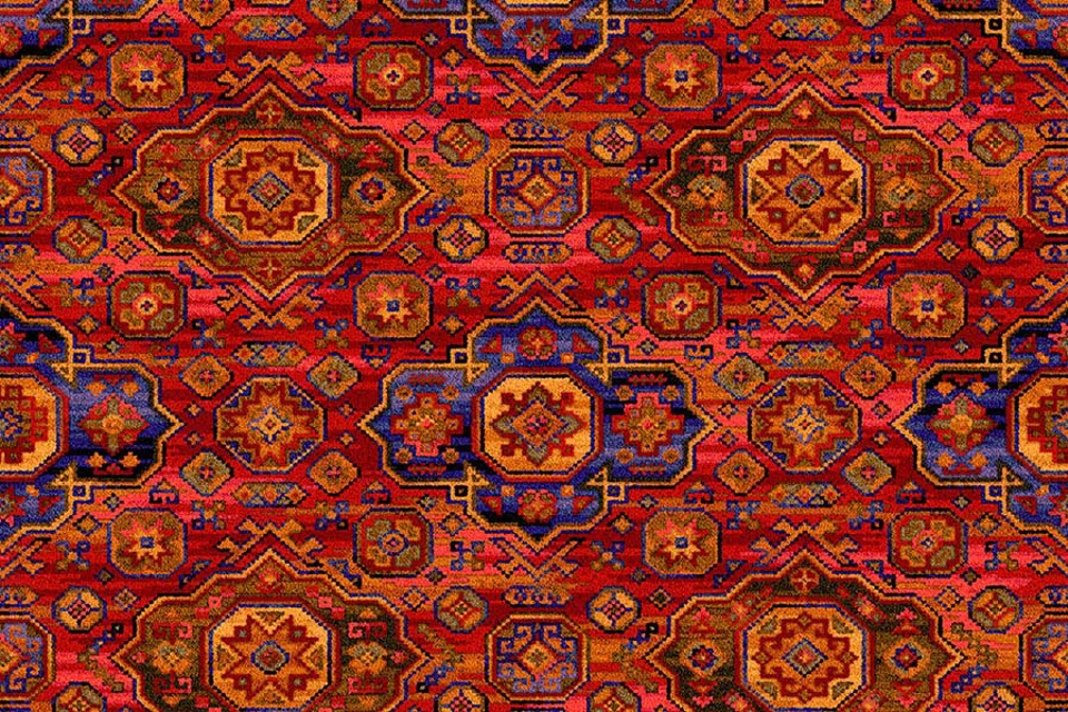 A swatch of Glenmoy Antique Sunset from Ulster Carpets